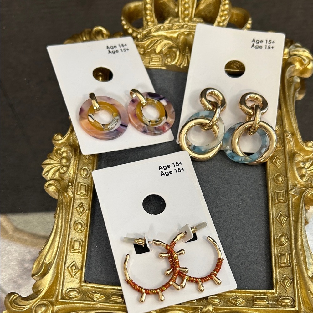 Assorted Gold-Tone Hoop & Resin Earrings Set - Pink, Blue, Brown